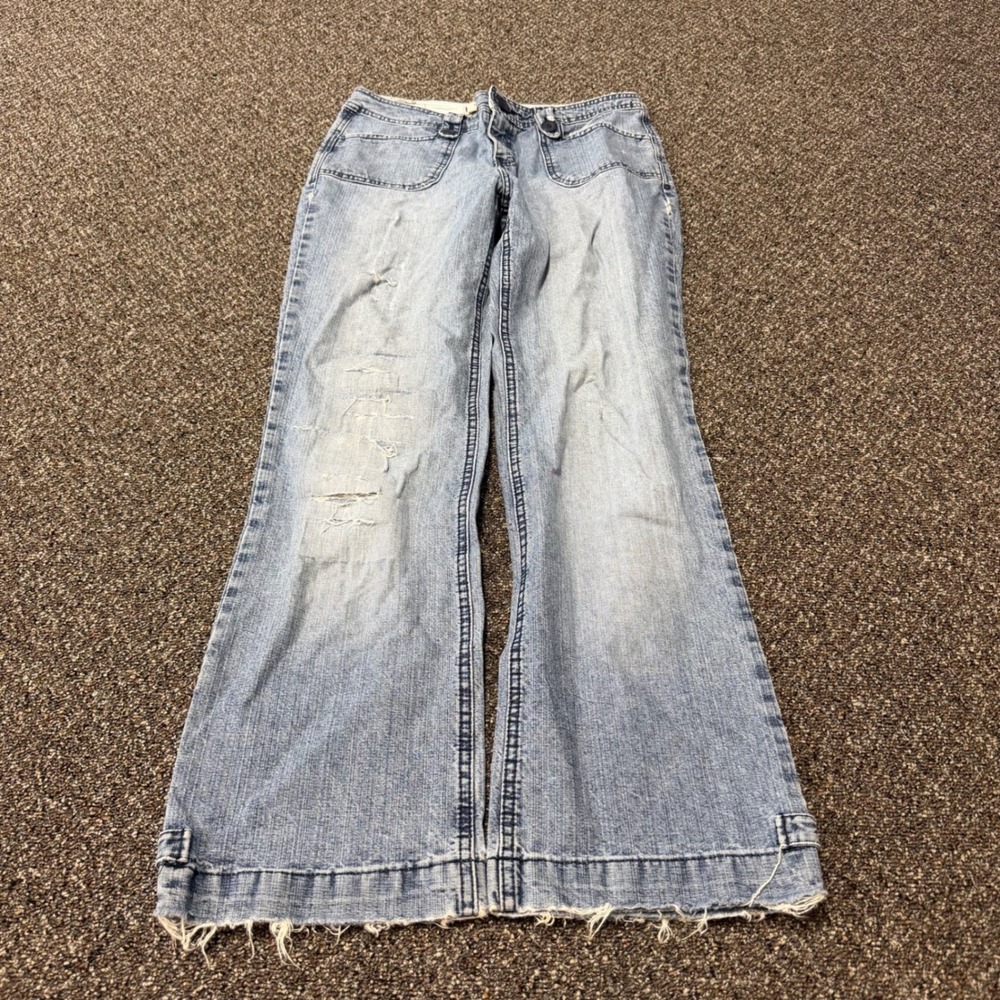 Hydraulic Wide Leg Jeans Women 9/10 Light Wash Distressed Raw Hem Y2K Cargo 5846